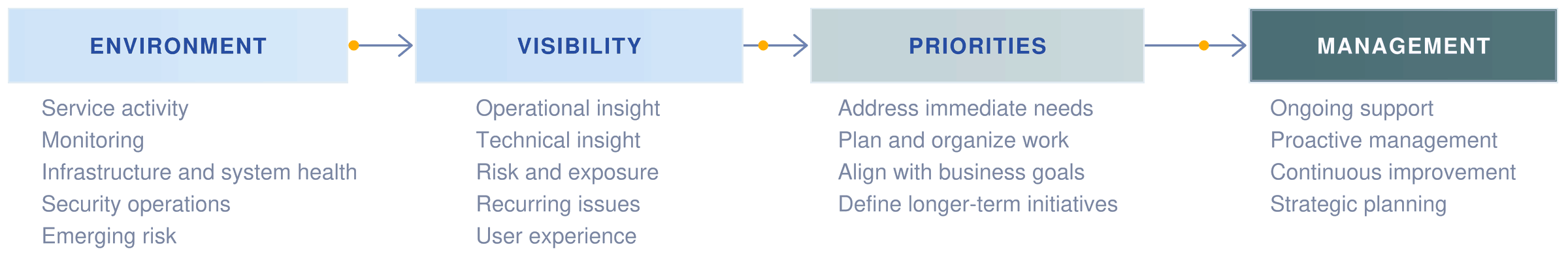 Operational process flow: environment to visibility to priorities to management