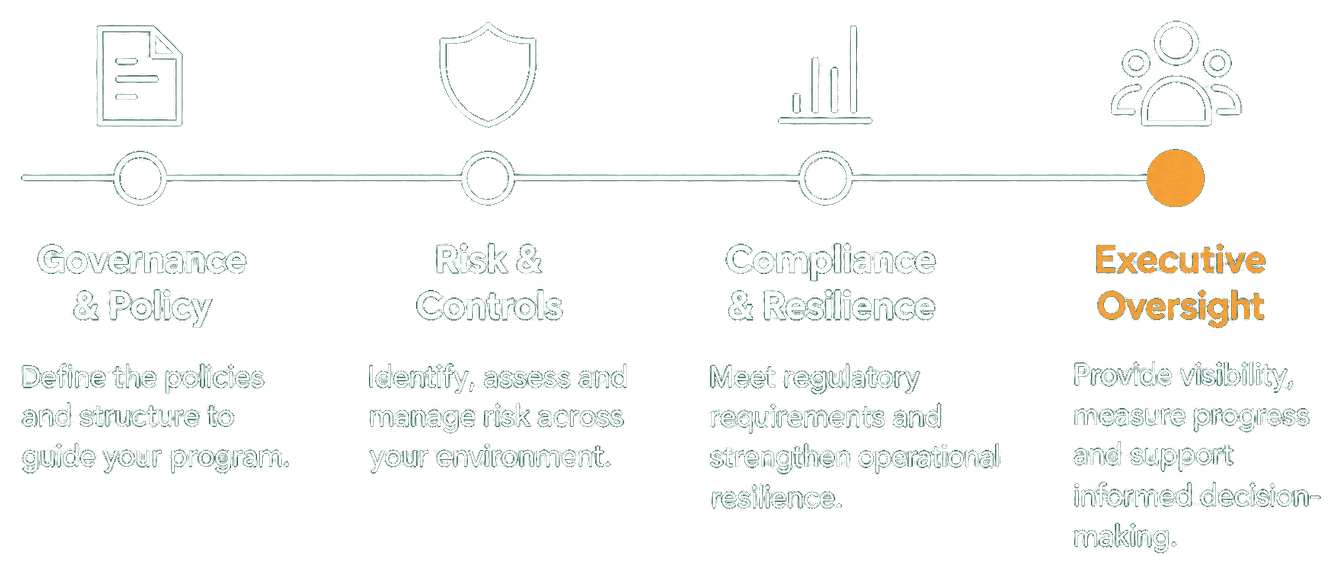 Governance & policy, risk & controls, compliance & resilience, executive oversight